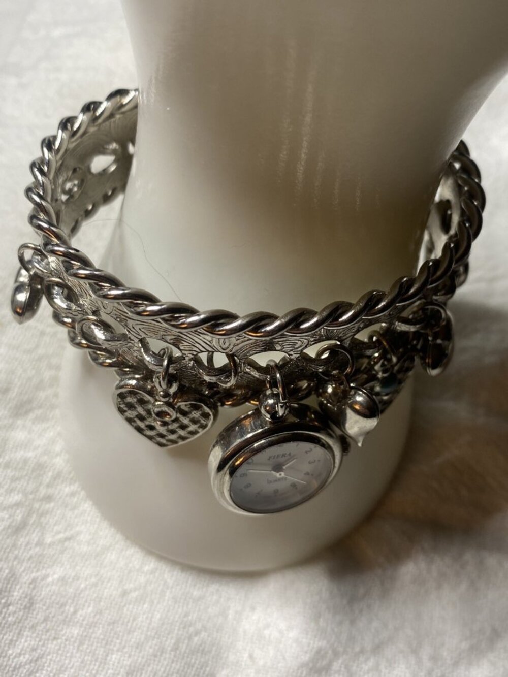 Vintage Fiera Silvertone Charm Watch Bracelet – Heart Accents, Quartz Movement